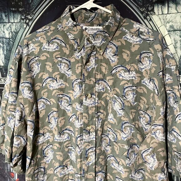 Columbia Buttin-Down Shirt Men's L Yellow Fish Print Short Sleeve Summer Casual - Picture 2 of 6
